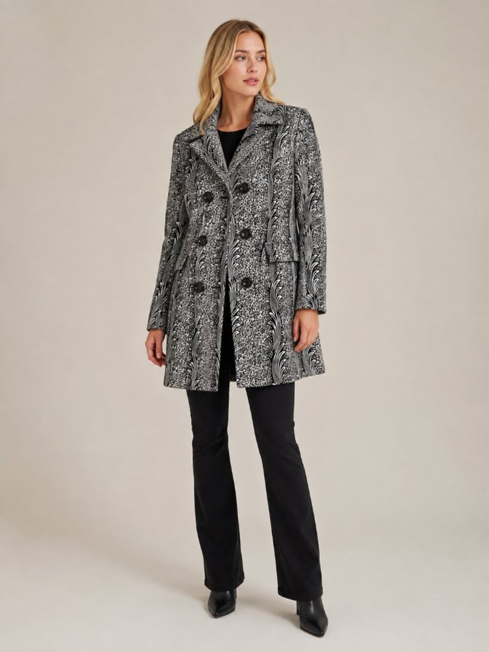 H&R Botanical Graphic Double-Breasted Peacoat Black and White 10 #A3728